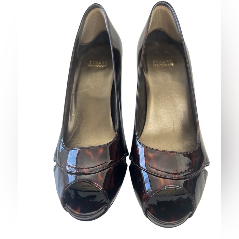 Stuart Weitzman Patent Leather Open Toe Platform Pumps Brown Tortoise Shell 9
